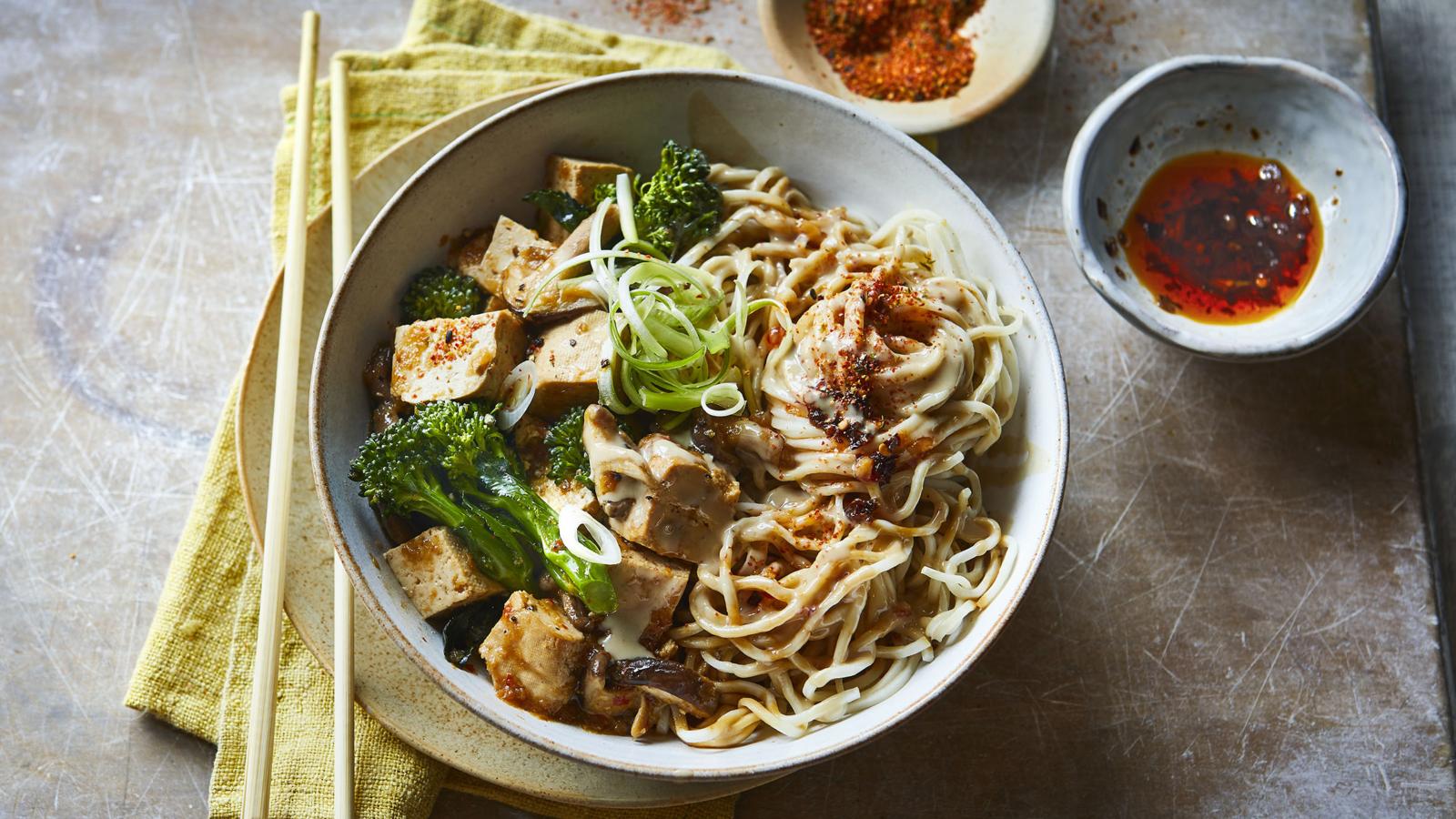Smoked tofu and broccoli Korean-style ram-don (jjapaguri)