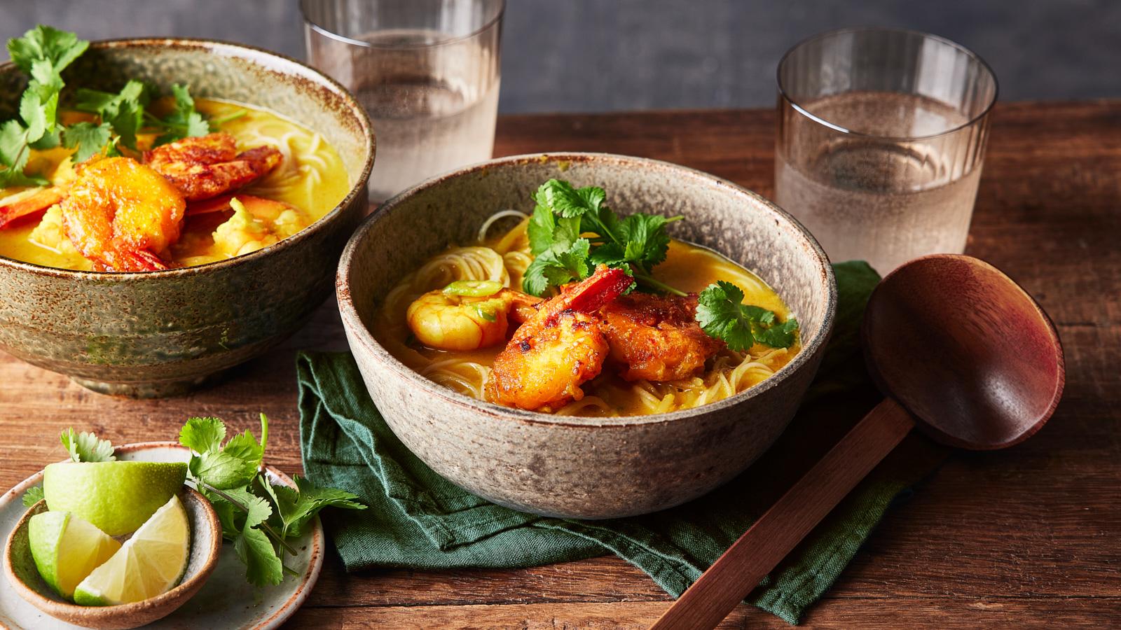 Prawn laksa with rice noodles and crispy prawns