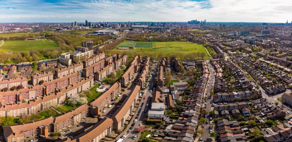 Aerial view of London residential streets, Hackney