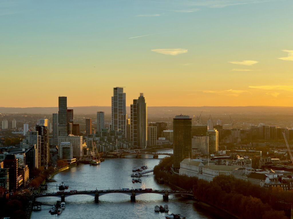 Aerial view of the London Eye, a view of the Vauxhall, London at sunset